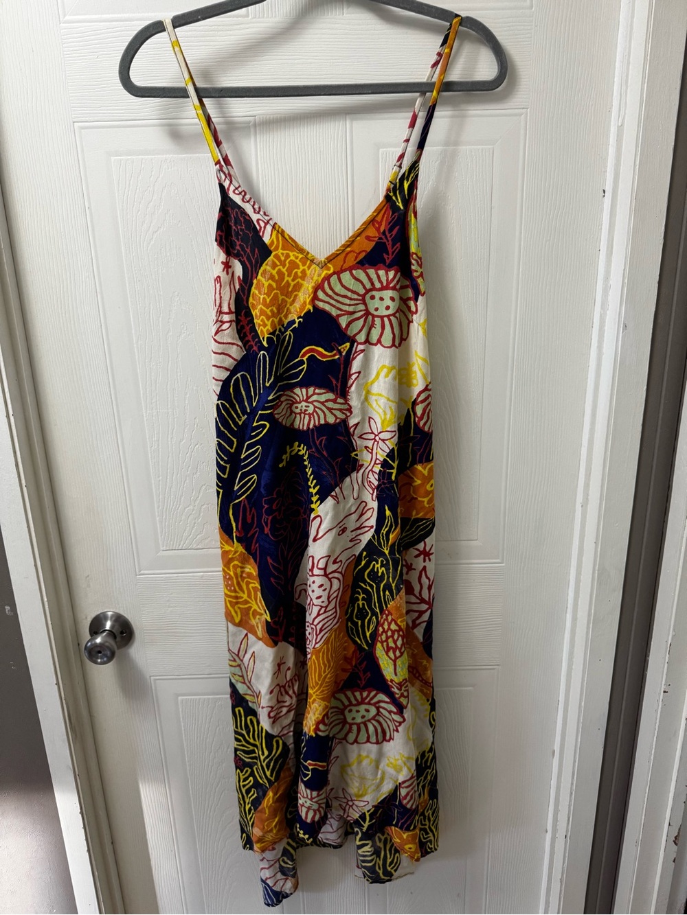 Anthropologie Bold Floral Slip Maxi Dress in Navy, Mustard & White